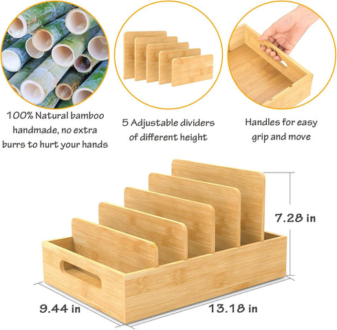 Retro Shaw Bamboo Food Container Lid Organizer with Adjustable Dividers for Cabinet, Lid Organizer for Plastic Lids