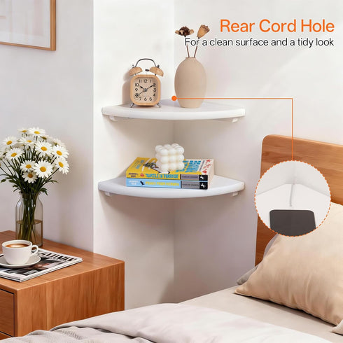 9inch Gieanoo White Corner Wall Shelf Solid Oak Wood Floating Corner Shelf with Wire Hole Corner Wall Storage Display