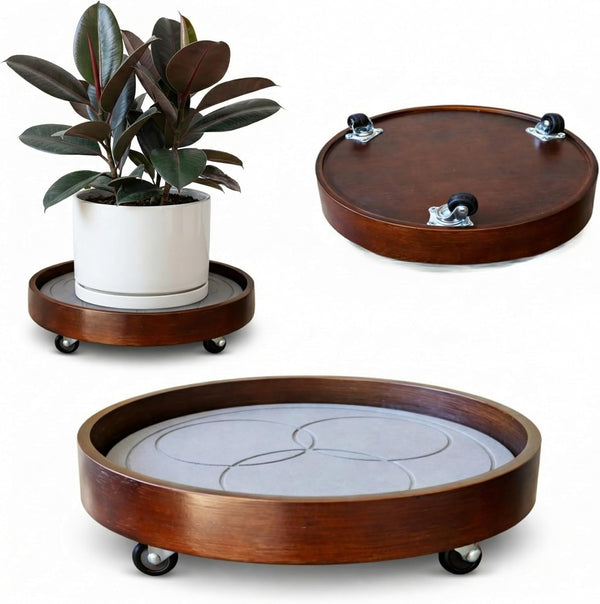 Plant Caddy with Wheels Indoor Bamboo Rolling 12" inch Plant Stand with