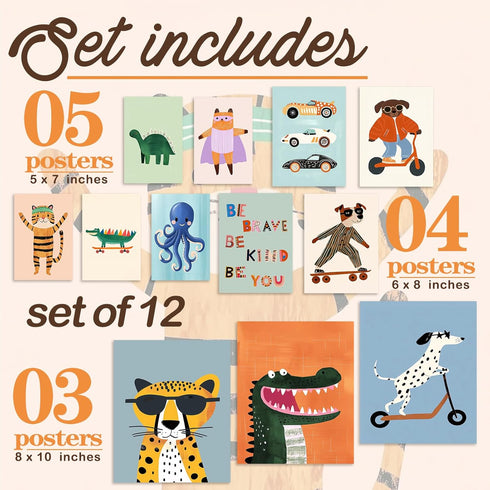 Aroutde 12Pcs Baby Nursery Room Decor, Cartoon Animal Playroom Canvas Wall Art Kids Transport Inspirational Quotes