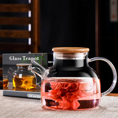 PARACITY 20 OZ Glass Teapot Stovetop, Borosilicate Clear Tea Kettle with Bamboo Lid and Removable Filter Spout