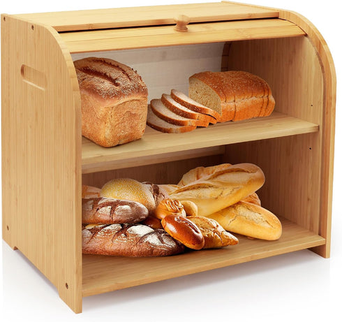 Bread Box for Kitchen Countertop, Double Layer Bamboo Bread Storage Container for