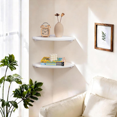 9inch Gieanoo White Corner Wall Shelf Solid Oak Wood Floating Corner Shelf with Wire Hole Corner Wall Storage Display