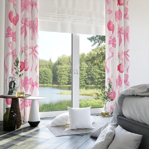 Reateforin 2 42"WX63"H Preppy Pink Cherry Bows Curtains Princess Curtains for Girls Bedroom Coquette Decor Bow Themed