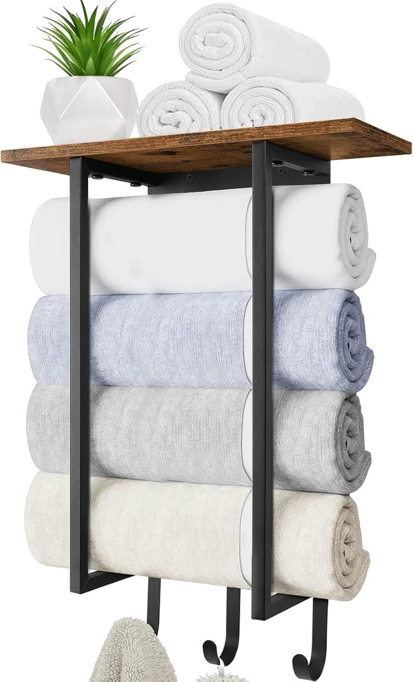 ELITEROO Towel Racks for Bathroom Wall Mounted, Towel Holder with Wooden Shelf