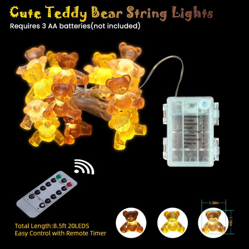 8.5ft 20LED JASHIKA Teddy Bear String Lights Bear Fairy Decorative Lights Kids Party Suppliers Battery Operated Novelty