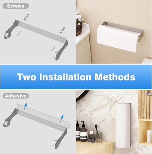 Counter Paper Towel Holder Under Cabinet, Stainless Steel, Silver, Adhesive & Wall Mount, Under Paper Towel Rack