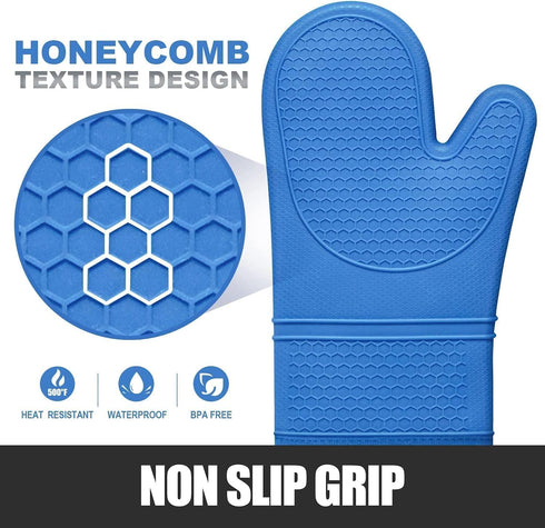 Rorecay Extra Long Oven Mitts and Pot Holders Set, Heat Resistant Silicone Oven Mittens for Kitchen Baking (Lake Blue)