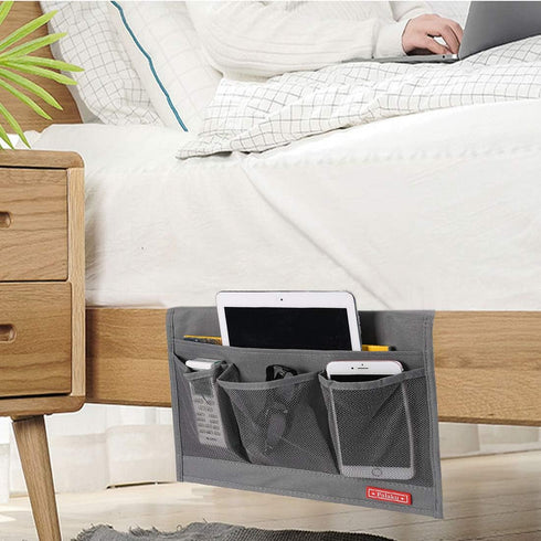 Bedside Caddy Organizer, Grey Under Mattress Caddy Holds Magazines, Books (4 Pockets)