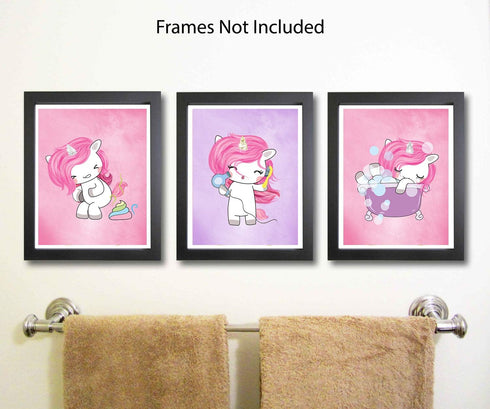 Silly Goose Gifts Magical Unicorn Bathroom Wall Art Decor, Set of Three, Poop Bathtub Blow Dryer Hair