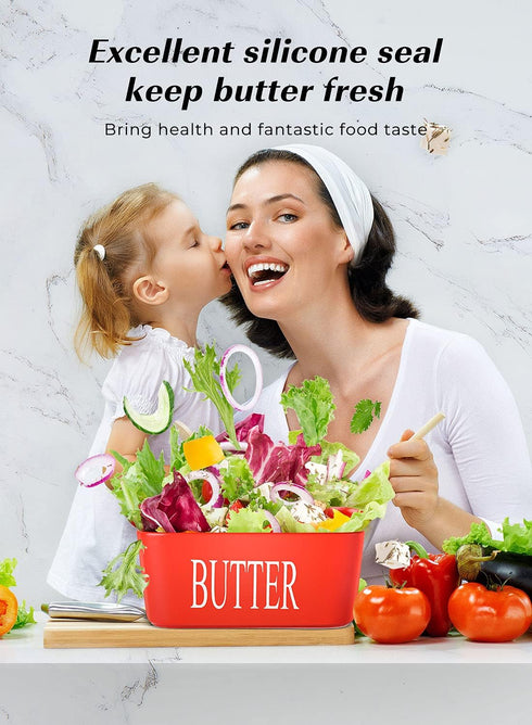 Large Butter Dish with Lid for Countertop, Ceramic Keeper with Knife, Perfect for 2 Sticks of Butter, Red