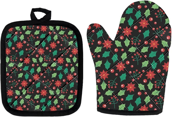 Oven Mitts and Pot Holder Set of 2, Durable Cotton Lining Heat Insulation Gloves for Kitchen