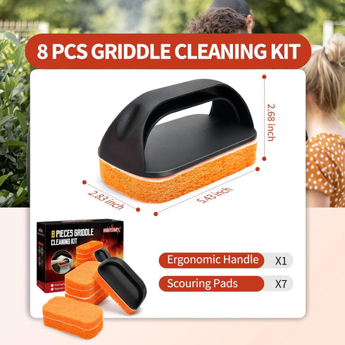 HOBITSTARX (8PCS Griddle Cleaning Kit for Blackstone Grill Stone, Non-Scratch Scouring Pads, Heavy-Duty Scraper