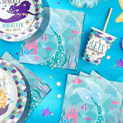 Mermaid Design Beverage Napkins (Pack of 16) - Perfect for Under-the-Sea Themed Parties