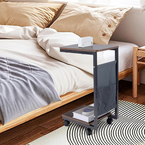 comfoyar C Shaped End Table with Wheels, Small Side Table for Couch with Storage Bag, Slide Under Sofa Side Table TV