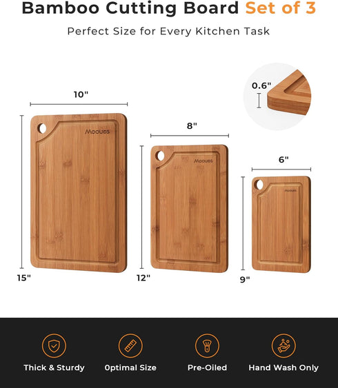 Set 3-Piece Bamboo Cutting Board for Kitchen, Knife-Friendly Wooden Cutting Boards with Juice Groove, Durable Chopping
