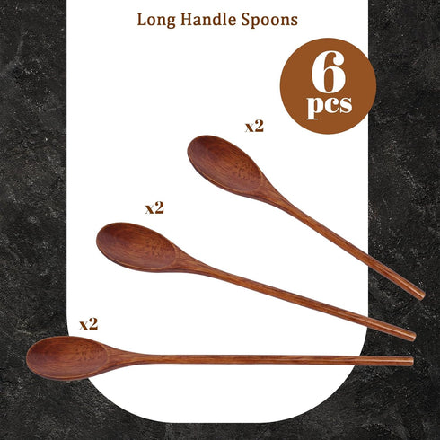 HANSGO 6PCS Long Handle Wooden Spoons - 10/12/14 Inch Japanese Style Cooking Utensil for Serving