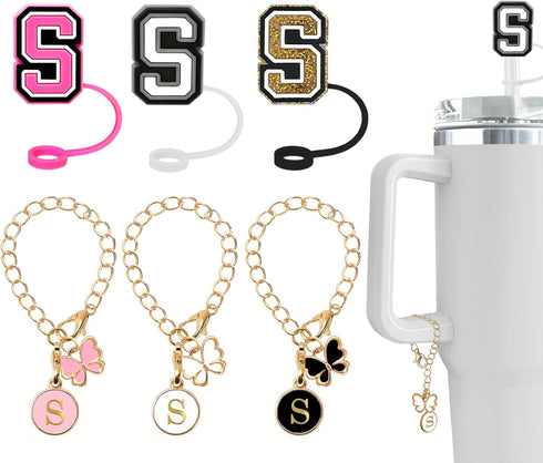 (3 +3) Nuozme Straw Cover Compatible with Stanley Tumbler Cup, 3PCS Letter Straw Caps with Initial Butterfly Charms