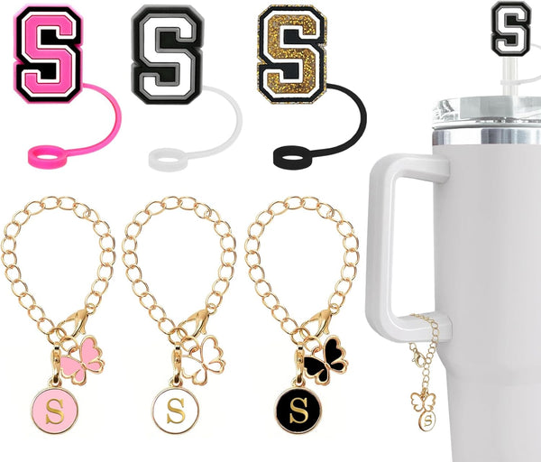 (3 +3) Nuozme Straw Cover Compatible with Stanley Tumbler Cup, 3PCS Letter Straw Caps with Initial Butterfly Charms