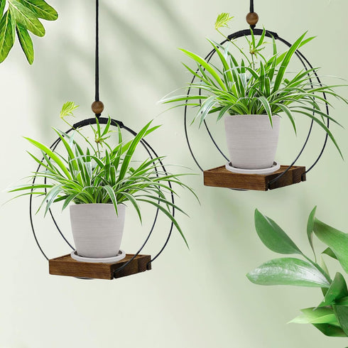 Stands(2 Pack+Pots) hismocal Hanging Planter for Indoor Plants,Plant Hanger with Sturdy Wood Base & Pot, Modern Boho