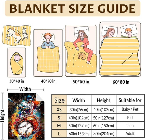 80x60 Inches Cozy Baseball Blanket for Adults Sports Team Lovers, Lightweight Warm Flannel Baseball Boys Throw Blankets