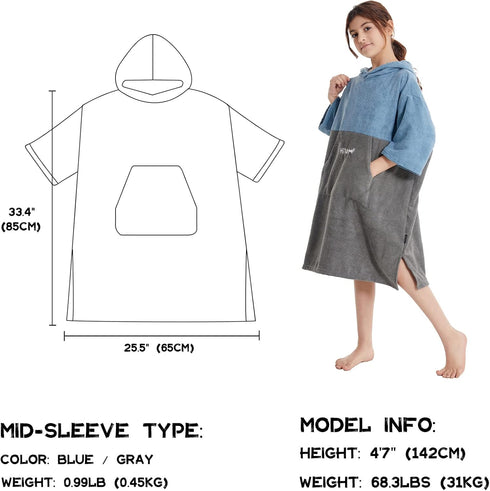 3/4 Hiturbo Kids Changing Towel Hoodie: Absorbent Quick Dry Surf Poncho, Sleeve Microfiber Bath Towels for Beach Pool