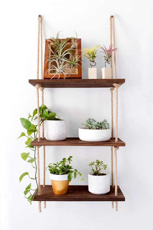 3 Mkono Hanging Shelves Tier Rustic Wood Floating Wall Shelves Photo Plant Display Hanging Storage Shelf Home Decor
