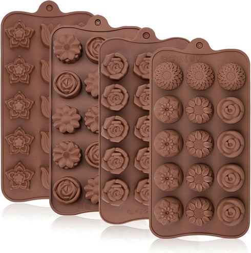 JOERSH 4PCS Silicone Chocolate Flower Molds for Candy, Fat Bombs, Snacks, 11 Floral Shapes, 60 Cavities