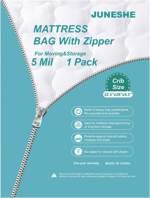 5 Mil Crib Size Mattress Bag with Zipper for Storage Moving, Heavy