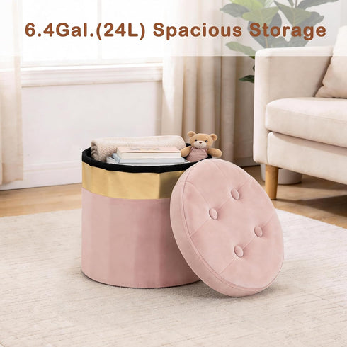 Room13x13x12.4(Pink,1pcs) xuperbonus Small Ottoman with Storage,Folding Round Ottoman with Gold Trim,Velvet Storage
