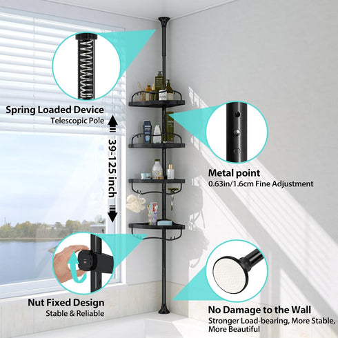 39-125 Inch 4 Corner Shower Caddy, Adjustable Height With ABS Shelves, Drill Free Organizer, Layer Rustproof Metal
