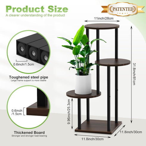YOCOMEY 4 Tier Wood Tall Plant Stand Metal Rack Indoor, Multiple Flower Pot Holder Shelves Corner Rack, Round Planter