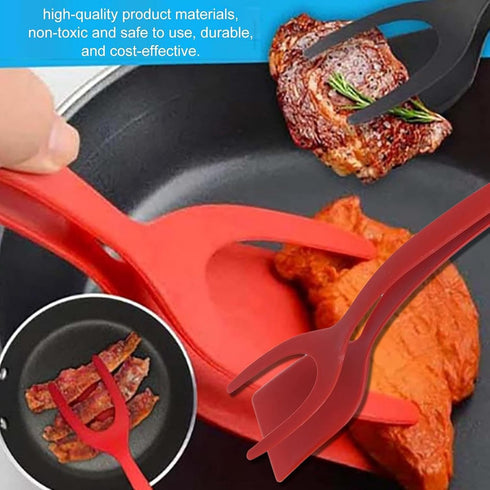 2 in 1 Grip and Flip Spatula Tongs, Large Non-Stick Food Clip Egg Turner for Cooking, Pancake, Omelet (Red)