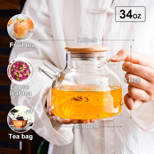 PARACITY Glass Teapot Stovetop 34 OZ/1000ml, Borosilicate Clear Tea Kettle with Bamboo Lid