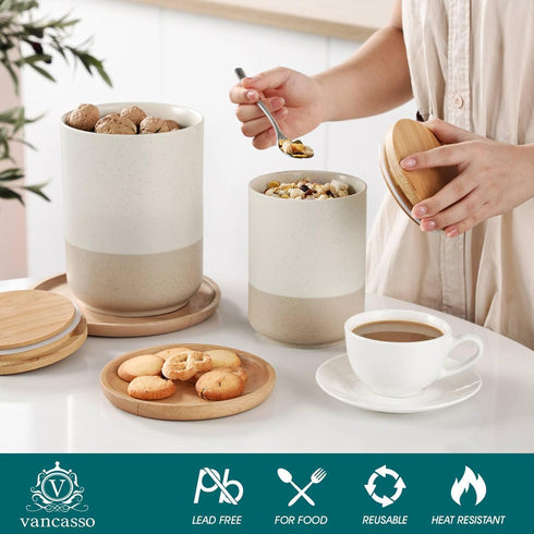 Set 3-Piece Countertop vancasso Sabine Ceramic Canister with Airtight Wood Lids - Kitchen Storage for Flour, Sugar