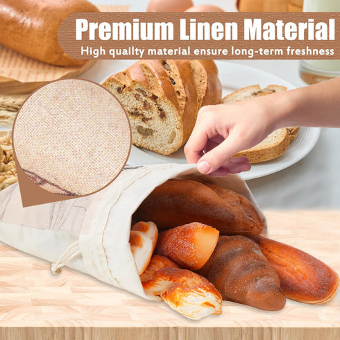 Bread Bags for Homemade Bread, Organic Linen with Plastic Liner, Drawstring Closure for Sourdough, 2 Packs