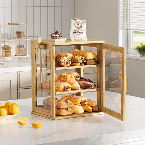 Countertop, 3 WOWLIVE Bamboo Bread Box for Kitchen Large Layers Bread Storage Container for Homemade Bread with Window