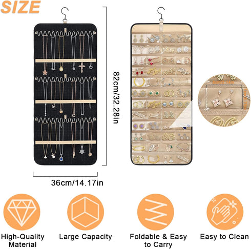 Hanging Jewelry Organizer, Double Sided Jewelry Hanging Organizer with 32/48 Pockets,14/21 Hook Loops,Foldable Jewelry Roll Organizer Travel,Necklace Earrings Bracelets Rings Storage Organizer (Large) by BigKing