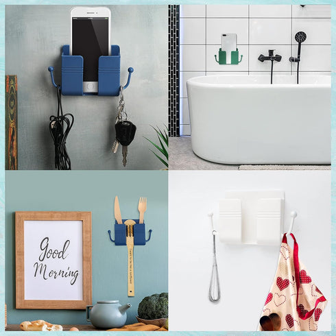 6 Pieces Wall Mount Phone Holder Self-Adhesive Wall Beside Organizer Storage Box Plastic Charging Phone Stand Remote Wall-Mounted Phone Brackets Holder for Bedroom (White, Yellow, Green, Pink, Blue)