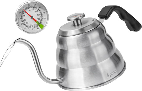 Tea Kettle with Thermometer, Silver Gooseneck 28 oz Stainless Steel Pour Over Coffee Kettle for Stovetop Tea