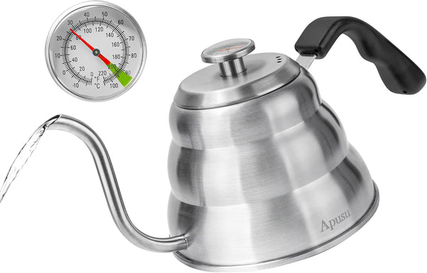 Tea Kettle with Thermometer, Silver Gooseneck 28 oz Stainless Steel Pour Over Coffee Kettle for Stovetop Tea