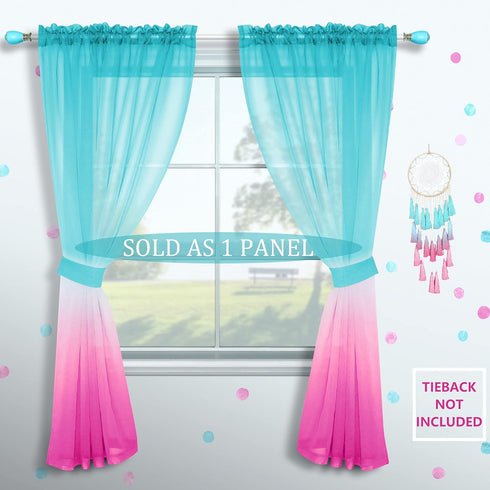 Pink and Green Mermaid Curtains Set of 1, Sheer Panel Gradient Ombre for Girls Room, 52 x 63 Inch