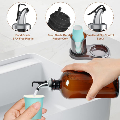 16oz 2 Amber Glass Mouthwash Dispenser with Cup Holder for Bathroom, Refillable Mouthwash Bottles Container with Tray