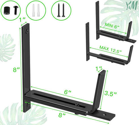 Y&M 2 Pack Adjustable Planter Box Brackets (6 to 12.5 in), Heavy Duty Iron Flower Box Wall Mounting Hooks for Garden