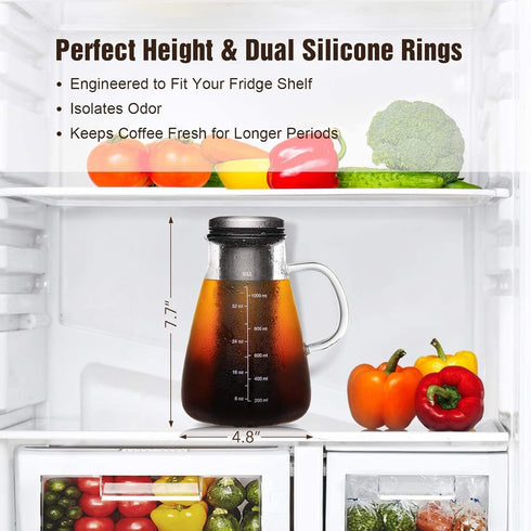 Cold Brew Iced Coffee Maker 34oz, BPA-Free Glass Pitcher with Removable Double Mesh 304 Stainless Steel Filter