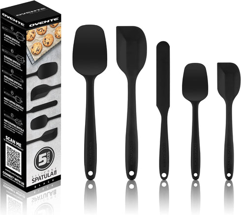OVENTE Set of 5 Silicone Spatulas, Heat Resistant Food Grade Rubber with Stainless Steel Core, Black