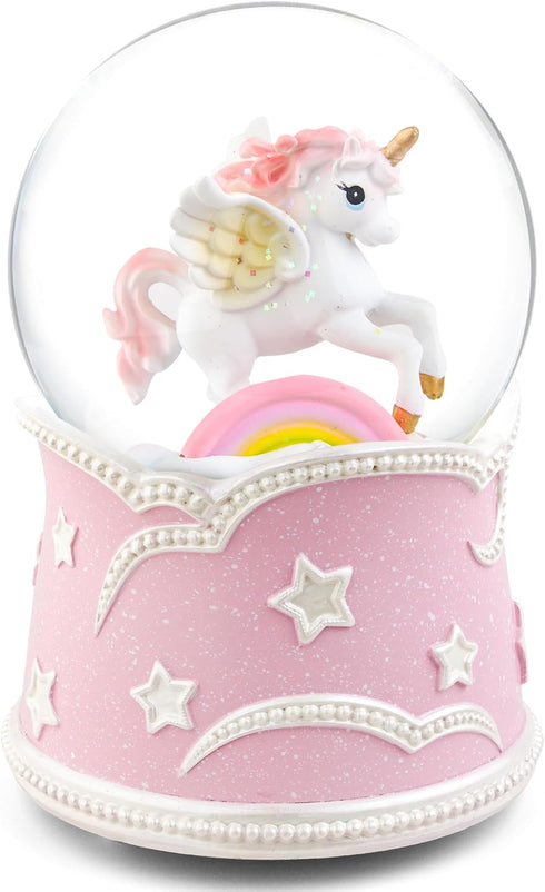 Pink Unicorn Snow Globe with Lighted Rainbow & Lullaby Music LED Musical Snow Globe with Floating Glitter, Elegant