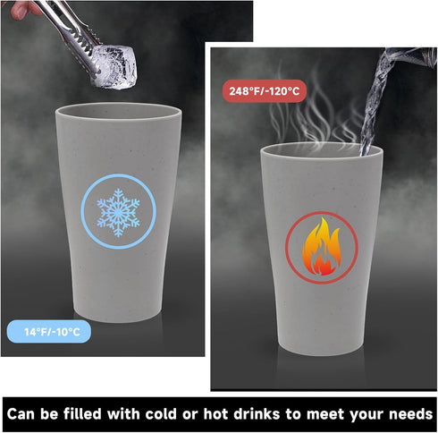 EI 15oz Wheat Straw Cups, 8pcs Grey Plastic Reusable Cups, Unbreakable, Dishwasher & Microwave Safe Tumbler Glasses