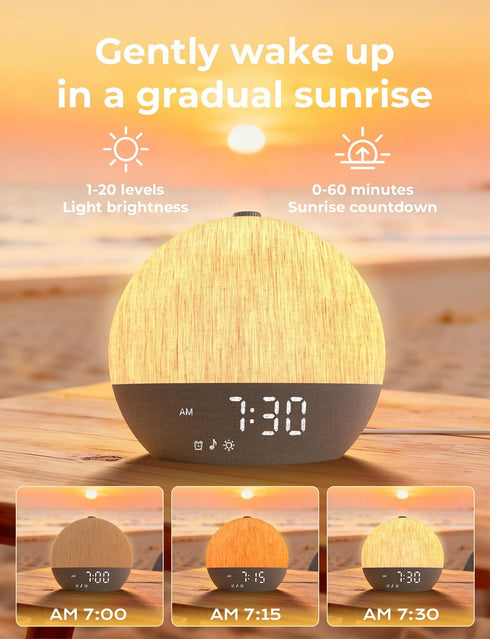 30 LIORQUE Sunrise Alarm Clock, Digital Alarm Clocks Bedside, Sleep Sounds, Sleep Timer, Adjustable Volume