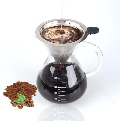 T-mark Pour Over Coffee Maker with Reusable Double-layer Stainless Steel Filter, 800ml/27oz BPA-Free Glass Carafe